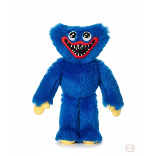 Huggy Wuggy kék plüssfigura mosolygós arccal.